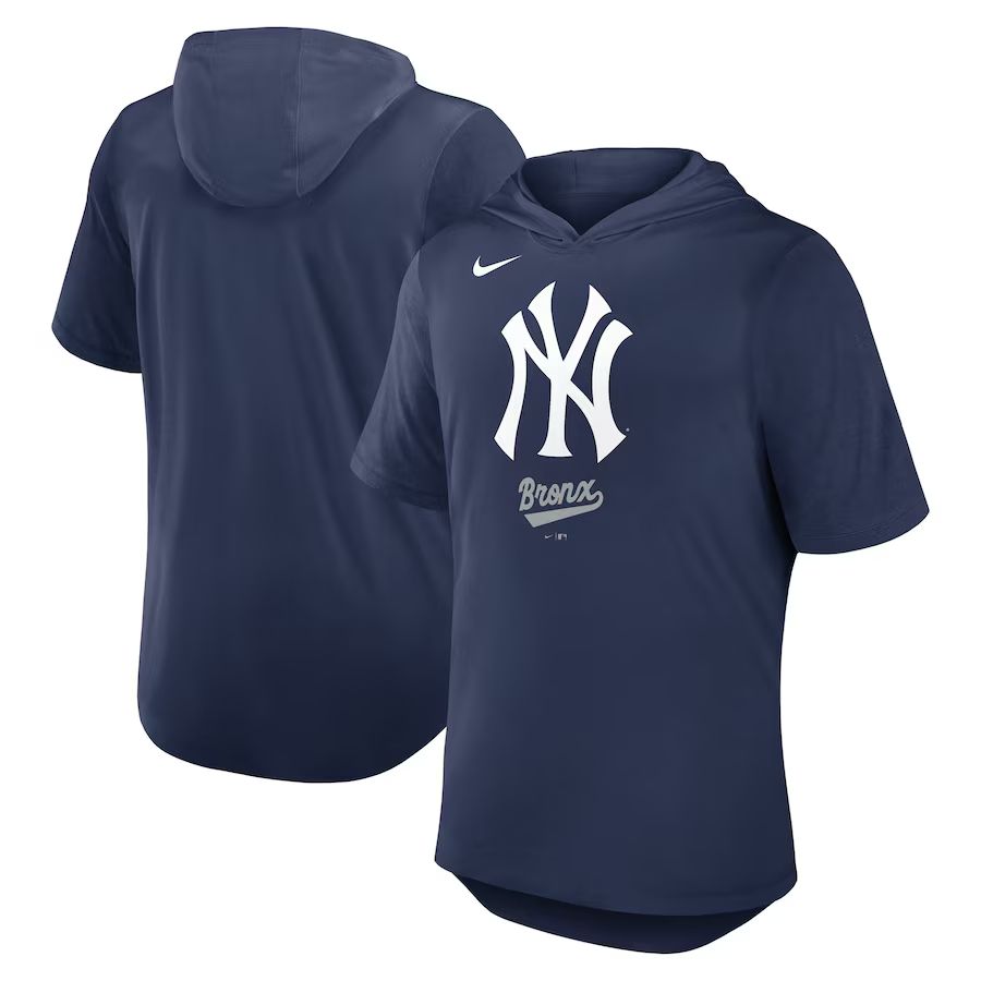 Men 2025 MLB New York Yankees Blue Hooded T-shirt->mlb t-shirts->Sports Accessory